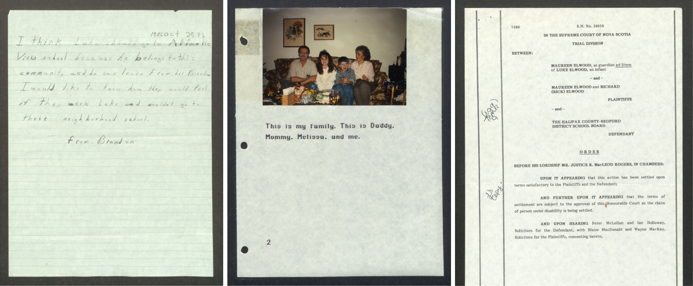 A graphic combining three images from the Luke Elwood fonds: a handwritten later, a family photo, and a court document.