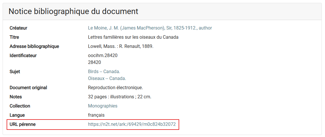 Notice bibliographique du document montrant l'URL pérenne.